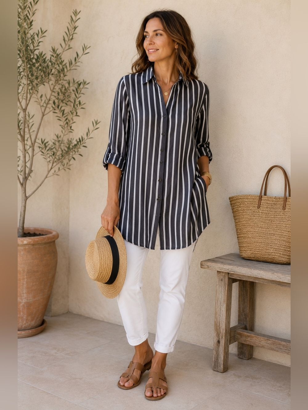 Tulip Black White Striped Button Front Tunic Shirt Size M Cotton